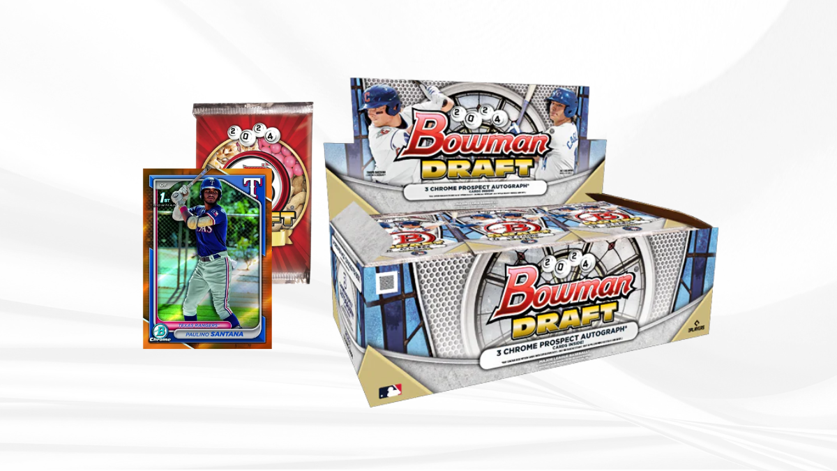 Bowman Draft baseball card box set with packs and a collectible card featuring a player, displayed against a white background.