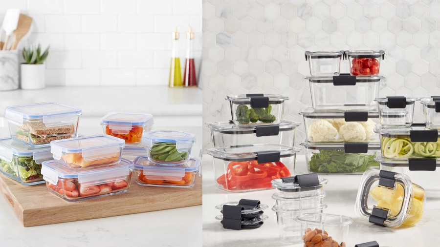 Sets of glass food storage containers with black and clear lids, filled with fresh vegetables, fruits, and snacks, displayed on kitchen counters.