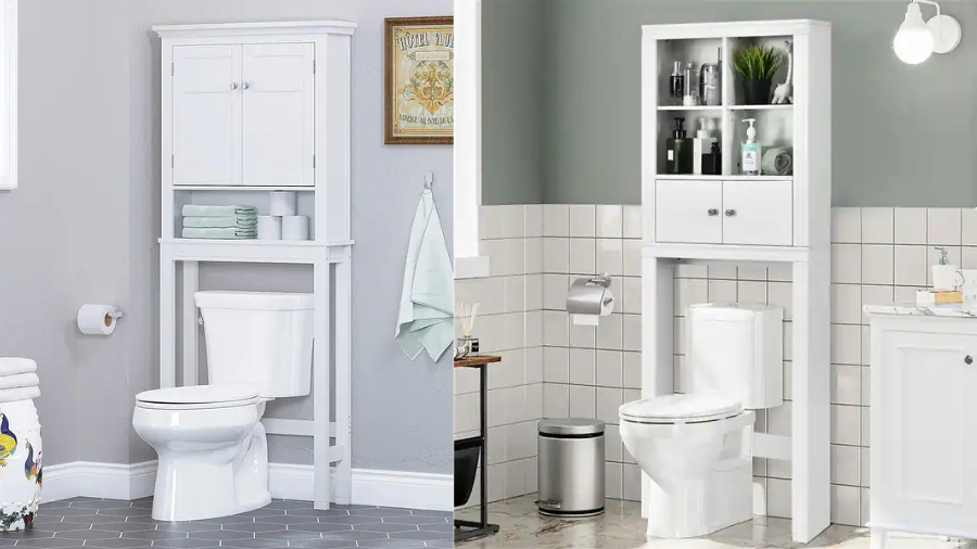 Two bathroom spaces featuring white over-the-toilet storage cabinets with shelves and drawers, holding toiletries and towels.