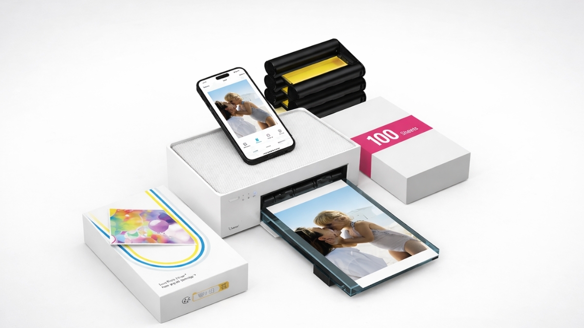 Liene M100 4x6 wireless photo printer printing glossy photo from smartphone with dye-sublimation cartridges and 100-sheet paper bundle on white background