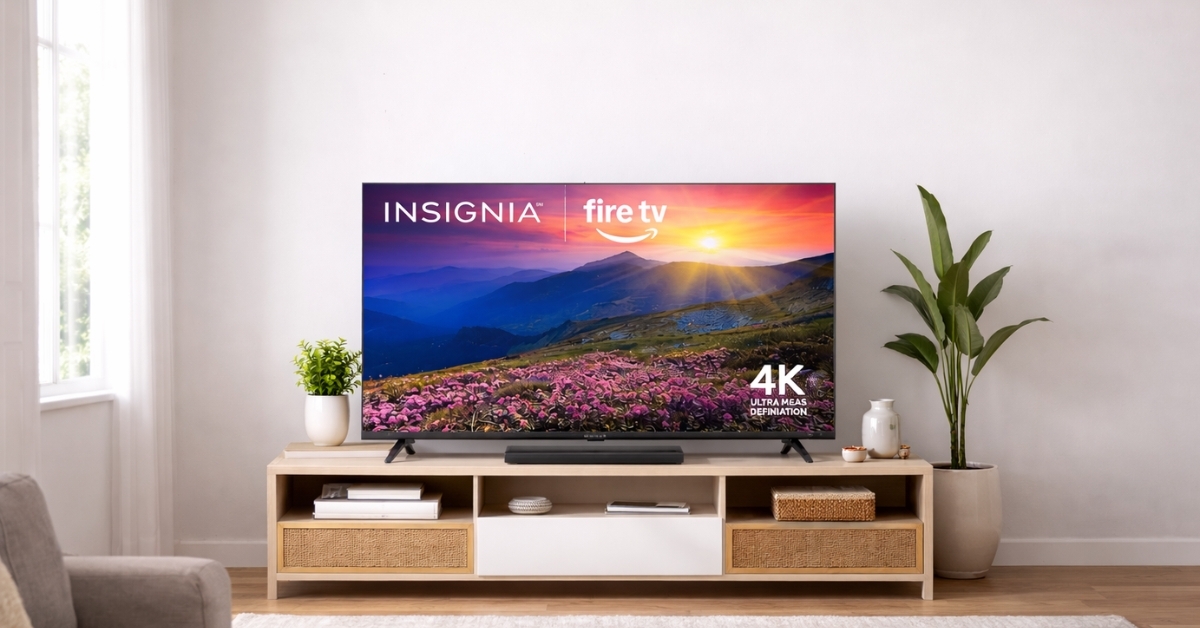 INSIGNIA 55-inch Smart Fire TV displaying 4K landscape on modern living room console