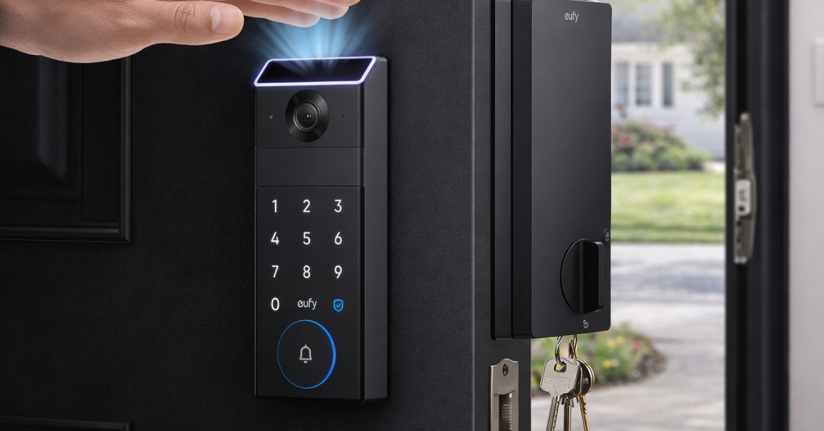eufy FamiLock S3 Smart Lock installed on a front door, showing palm vein biometric scanning, built-in camera, illuminated keypad, and interior locking mechanism.