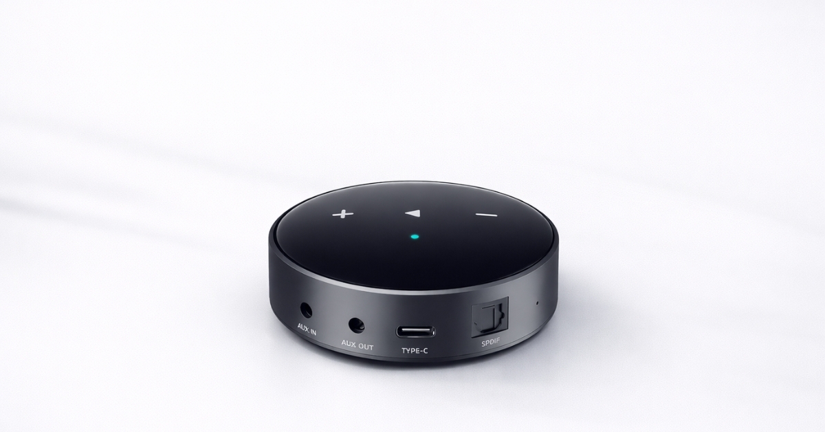 WiiM Mini AirPlay 2 Streamer wireless audio receiver with optical, AUX, and USB-C ports on a white background