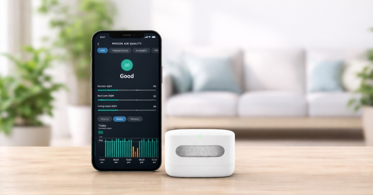 Amazon Smart Air Quality Monitor beside smartphone displaying indoor air quality readings in living room