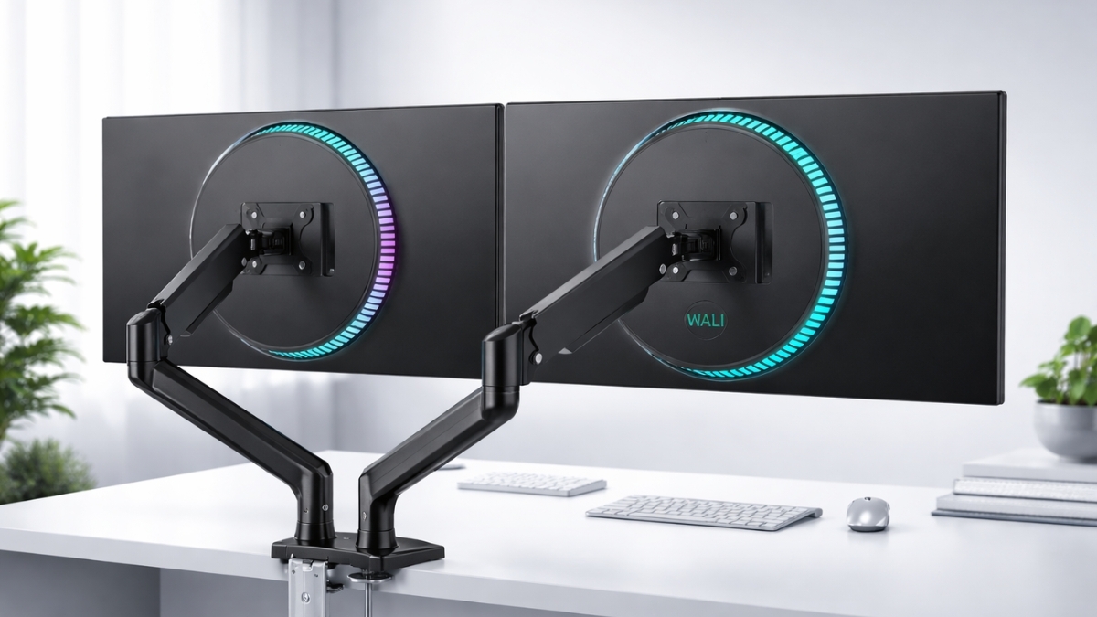 WALI dual monitor stand with adjustable gas spring arms holding two widescreen monitors on a white desk setup
