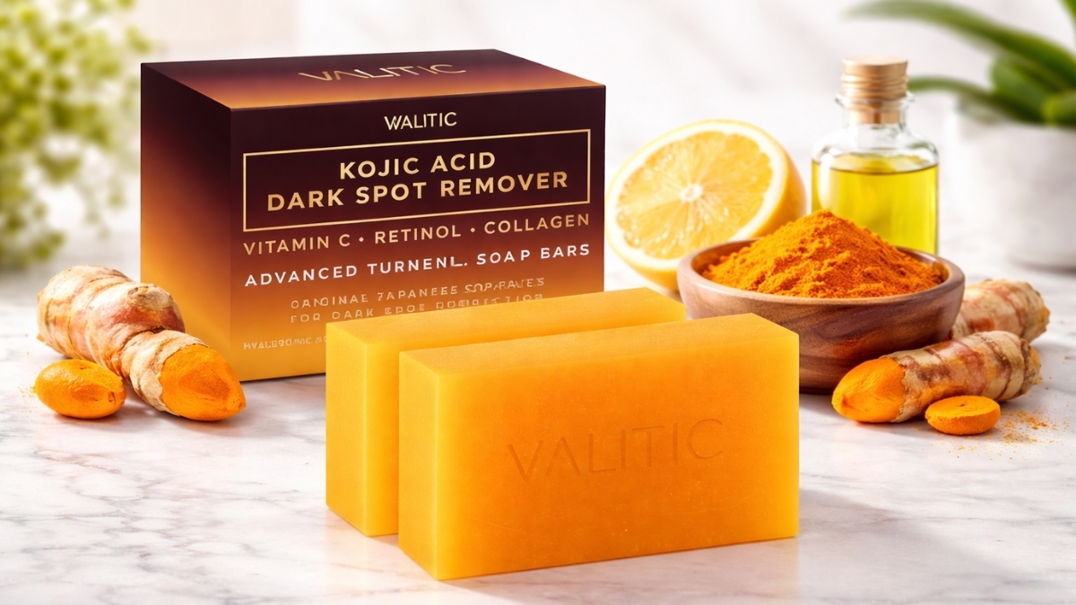 VALITIC Kojic Acid Soap bars with turmeric, lemon, and vitamin C ingredients for dark spot removal on marble background