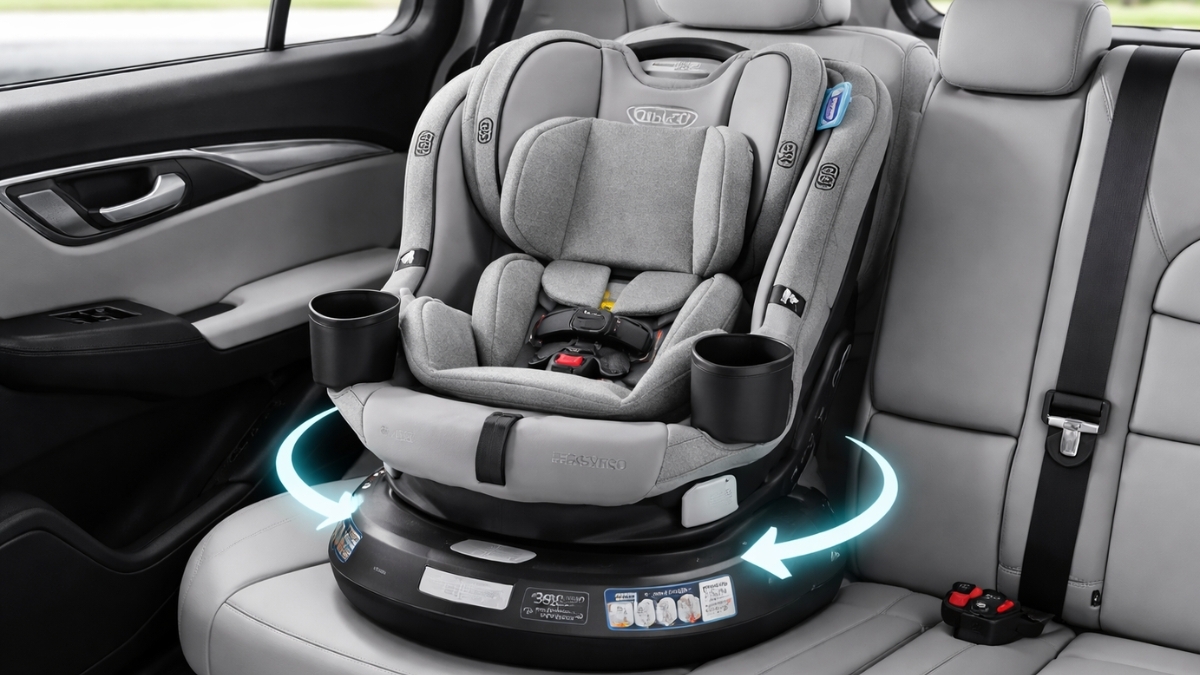 Graco EasyTurn 360 Car Seat installed rear-facing in SUV with 360-degree rotating base and cup holders