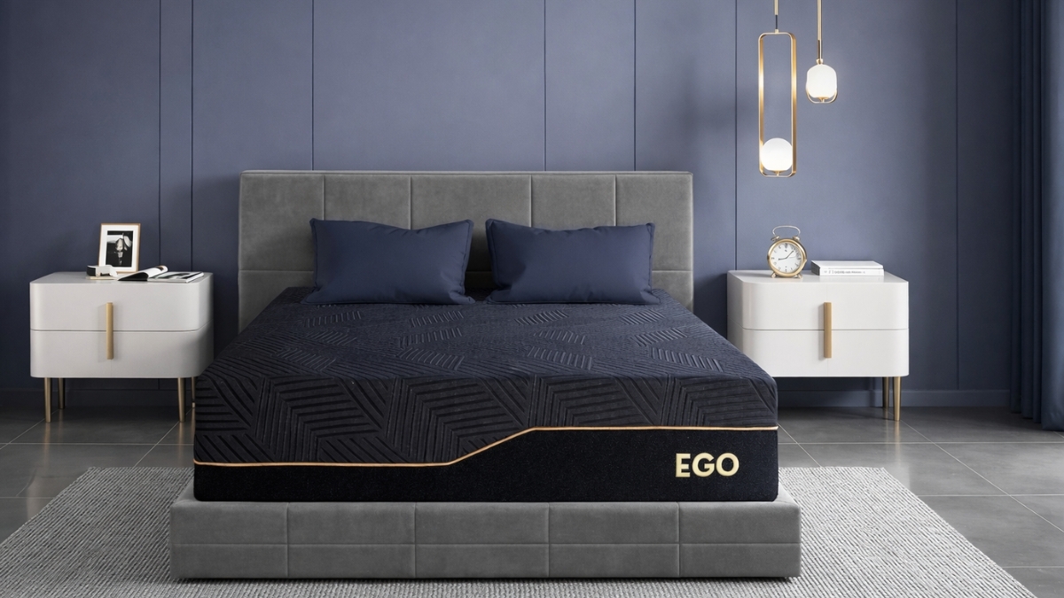 EGOHOME King Size Memory Foam Mattress on modern gray platform bed with navy bedding and gold accents in contemporary bedroom setting