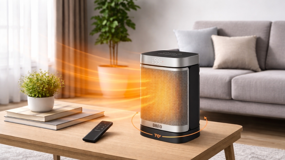 DREO space heater with 70-degree oscillation heating modern living room on wooden table