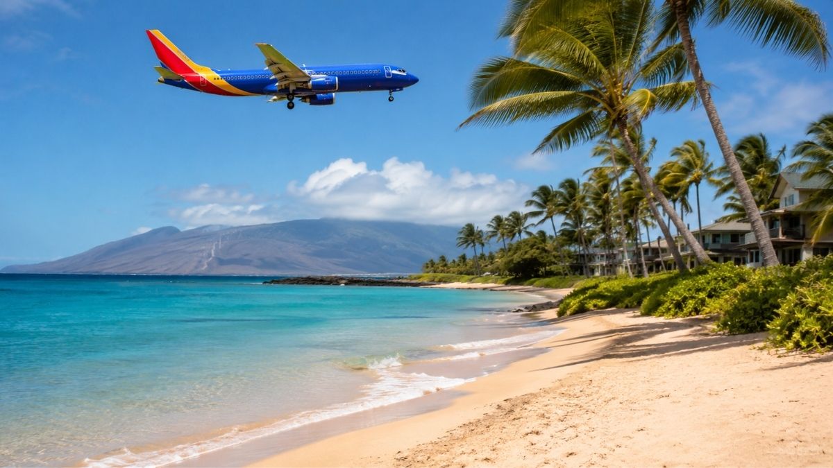 Tropical beach with airplane overhead