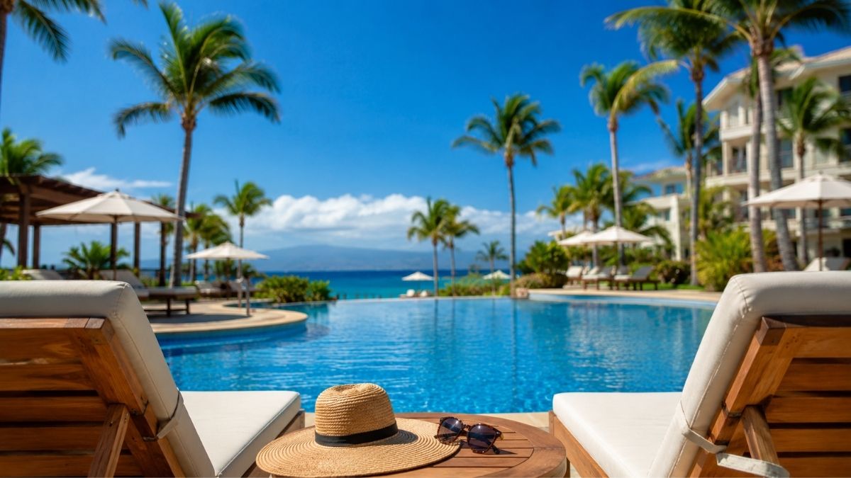 Tropical resort getaway by the pool