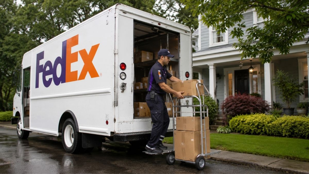 FedEx delivery on a rainy day
